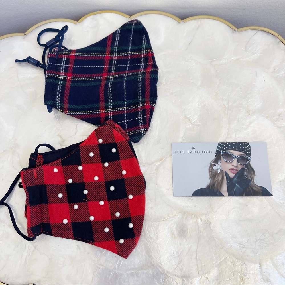 Lele Sadoughi Buffalo Check Faux Pearl & Tartan Plaid Holiday Face Mask NEW - Picture 10 of 10